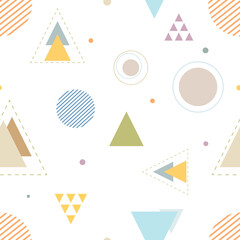 Triangles and circles of different size and colors, dashed shapes, striped rounds on a white background. Seamless geometry abstract pattern. Suitable for packaging ,textile, wallpaper.