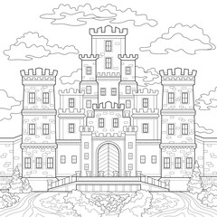 Big stone castle with towers, windows and gates, small garden, trees, bushes, flowers, road, sky, clouds. Architecture illustration on a white isolated background. For coloring book pages.