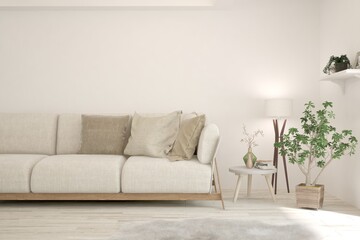 Soft color living room with sofa. Scandinavian interior design. 3D illustration