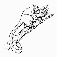 Red lemur. A small animal with a very long tail.Isolated in white background. Coloring page for children and adults, hand drawn illustration