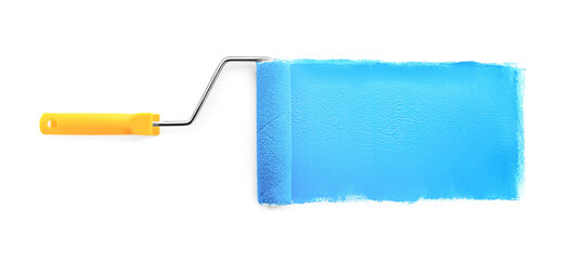 Roller brush with light blue paint on white background