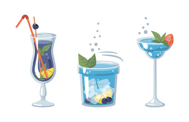 Alcoholic or non-alcoholic beverages of blue color, served with ice and pieces of fruits. Strawberry and mint, lemon and blackcurrant. Bar and pubs, clubs or restaurants. Vector in flat cartoon style