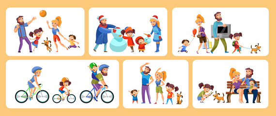 Fototapeta premium Set of cartoon scenes family active holidays parents with kids in various activity isolated vector illustration
