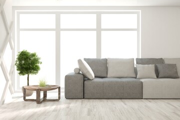 Fototapeta premium White living room with sofa. Scandinavian interior design. 3D illustration