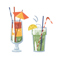 Cocktails served with ice and fruits, isolated glasses with decorative straws and umbrellas. Lime and lemon, mint and layered beverage. Alcoholic drinks in pub or bar. Vector in flat cartoon style