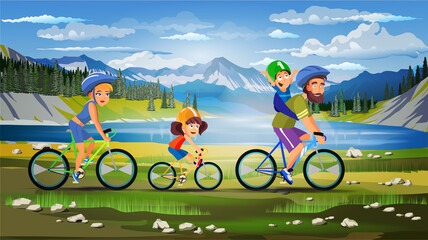 Family sport bicycle walk composition with outdoor beautiful landscape sky, lake and mountains with family members riding bikes vector illustration