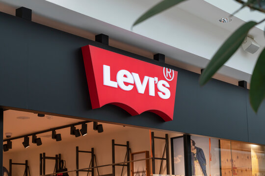 Levi Strauss Co is a privately held American clothing company. the levis logo above the entrance to the company store. krasnoyarsk, Russia, May 15, 2021