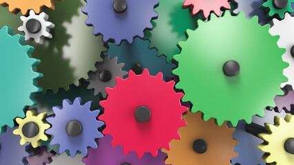 Multi-colored interacting gears. Full frame. Mechanical theme background.