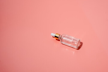 Dropper glass bottles with pipette. Transparent hyaluronic natural beauty product and eco serum skin care concept. Top horizontal view copyspace
