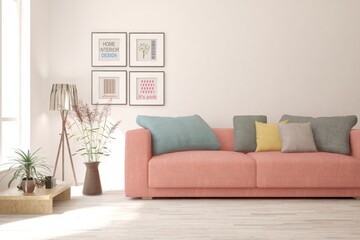 White living room with sofa. Scandinavian interior design. 3D illustration