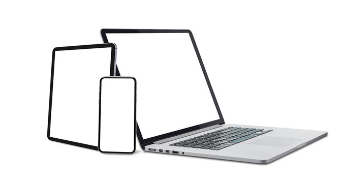 Laptop and smart phone, tablet with blank screen isolated on white background - Powered by Adobe