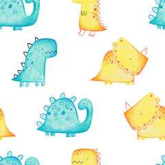 Pencil hand-drawn colored seamless repeating children pattern with cute dinosaurs in Scandinavian style on a blue background. Baby pattern with dinosaurs. Cute baby animals.