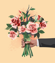 Bouquet in businessman hand isolated on white. Man holding and giving vector gift flowers big beautiful roses with thorns