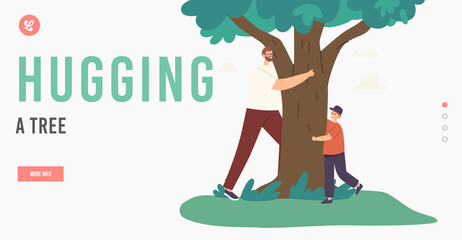 Happy Father and Son Hugging Tree Landing Page Template. Family Characters Playing Hide and Seek and Run around