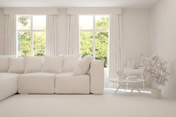 Mock up of stylish room in white color with sofa and green landscape in window. Scandinavian interior design. 3D illustration