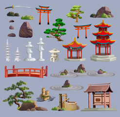 Ancient japan culture objects big set with pagoda, temple, ikebana, bonsai, trees, stone, garden, japanese lantern, watering can isolated vector illustration. Japan vector set collection © Andrey