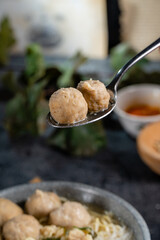 Bakso or baso is an Indonesian meatball, Its texture is similar to the Chinese beef ball, fish ball, or pork ball. The word bakso refer the complete dish of beef broth soup, noodle, tofu and bok choy.