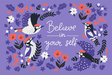 Postcard with woodpeckers and flowers. Vector graphics.