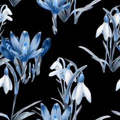 Spring watercolor seamless pattern of crocuses and snowdrops. Festive Easter background of flowers.