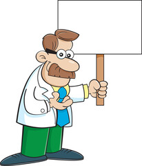 Cartoon man with a moustache wearing a lab coat and holding a large sign.