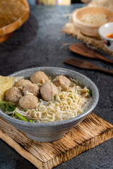 Fototapeta na wymiar Bakso or baso is an Indonesian meatball, Its texture is similar to the Chinese beef ball, fish ball, or pork ball. The word bakso refer the complete dish of beef broth soup, noodle, tofu and bok choy.