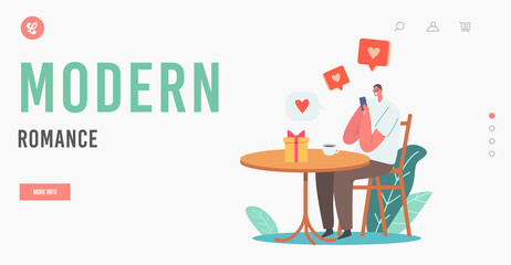 Modern Romance Dating Landing Page Template. Online Date, Male Character Chat via Smartphone Application in Internet