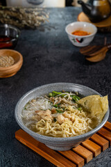 Bakso or baso is an Indonesian meatball, Its texture is similar to the Chinese beef ball, fish ball, or pork ball. The word bakso refer the complete dish of beef broth soup, noodle, tofu and bok choy.