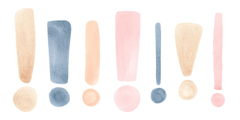 Set of hand drawn  watercolor colorful or neutral tone sketch exclamation marks isolated on white background.
