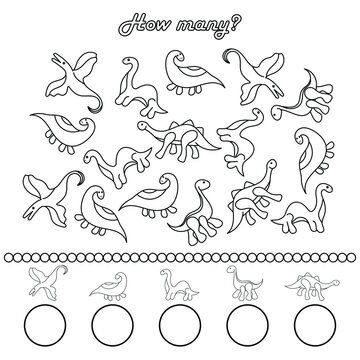 A game for preschool children. Count as many identical dinosaurs in the picture as possible. Write down the result. Simple contour vector illustration