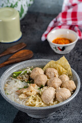 Bakso or baso is an Indonesian meatball, Its texture is similar to the Chinese beef ball, fish ball, or pork ball. The word bakso refer the complete dish of beef broth soup, noodle, tofu and bok choy.