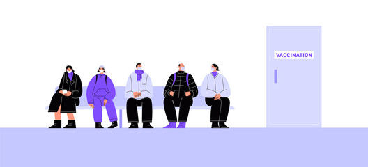 Flat illustration of different people sitting in line for covid vaccination.