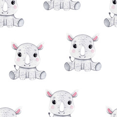 Watercolor hand-drawn color seamless childish simple pattern for kids with cute baby rhinoceros in Scandinavian style on a white background. Baby rhino texture. Fabric design. Wallpaper.