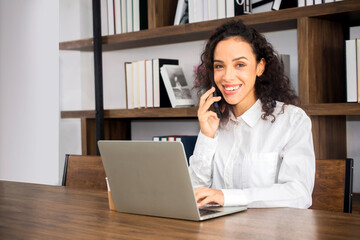 Woman call center work happy, Operator online support customer service technolog