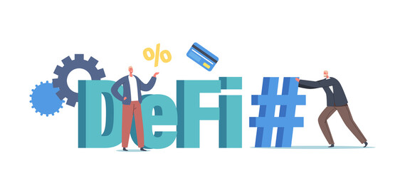 DeFi, Decentralized Finance Concept. Tiny Businesspeople Characters with Huge Hashtag, Bank Card, Gears and Percent