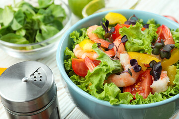 Shrimp salad with different ingredients, close up