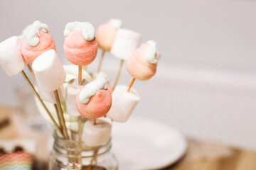 Sweets, vanilla marshmallows and lollipops on sticks for festive dining. Party catering, advertising of confectionery