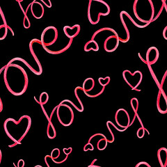 Handmade watercolor seamless pattern of the word of love. Seamless pattern for wedding or Valentine's day.