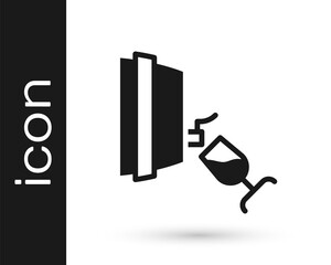 Black Wine tasting, degustation icon isolated on white background. Wooden barrel for wine with glass. Vector