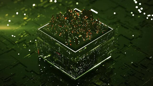 CPU is analyzing data flow. Futuristic technology design. Seamless loop 3D render animation with DOF