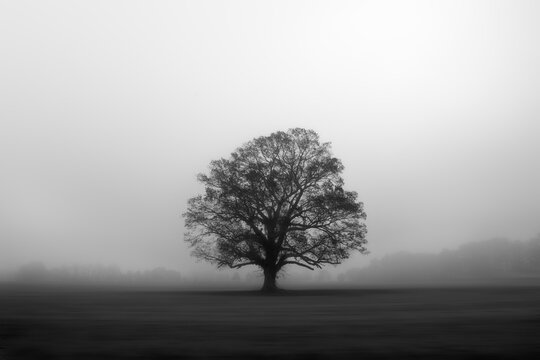 Lone bur oak tree in a field with morning fog on the eastern shore of maryland