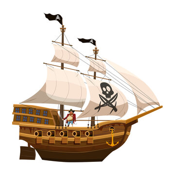 Pirate ship sail, wooden old sailboat. Buccaneer filibuster corsair with black flag skull, Jolly Rodger. Vector illustration cartoon style