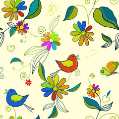 Obraz premium Seamless pattern with birds, butterflies, anemones, wild flowers and rainbow colors. Small chamomile in vintage watercolor and line art style. Tropical, exotic floral vector illustration