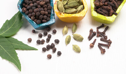 Group of Organic Black pepper isolated on white background. Selective focus and Top view (Flat Lay)