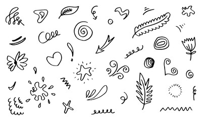 Hand drawn set elements, black on white background. Arrow, heart, love, star, leaf, sun, light, flower, crown, king, queen,Swishes, swoops, emphasis ,swirl, heart, for concept design.
