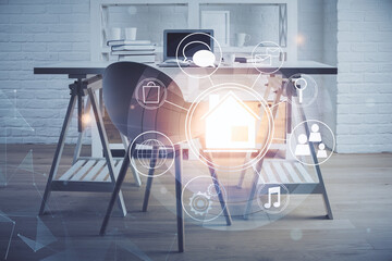 Multi exposure of town drawings and office interior background. Smart city concept.