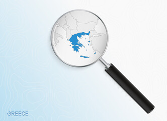 Magnifier with map of Greece on abstract topographic background.