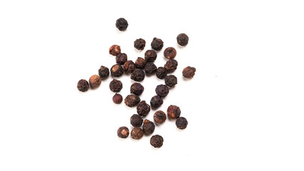 Group of Organic Black pepper isolated on white background. Selective focus and Top view (Flat Lay)