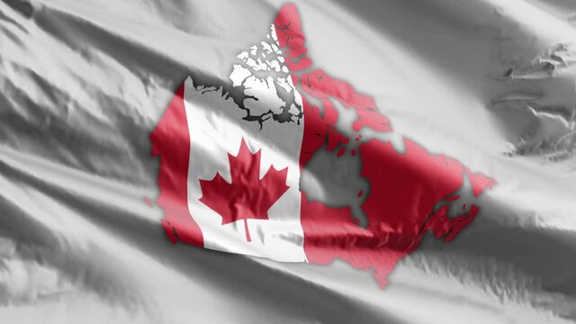 Canadian Map on flag. Map of Canada. Canada on Flag. Animated 4k Canadian Map. North American Flag. Slo-mo Canadian Map and Flag Waving. Toronto. Montreal. Vancouver. Maple Leaf.