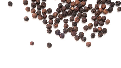 Group of Organic Black pepper isolated on white background. Selective focus and Top view (Flat Lay)