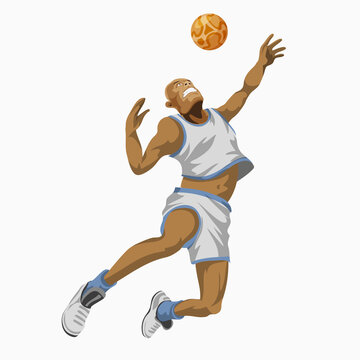 Cool basketball player in white uniform with the ball. Stylized Player. Isolated Flat Cartoon. Athletic lifestyle in flat cartoon style. Character Illustration